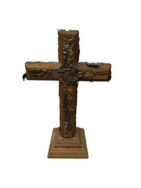 Handcrafted Wooden Milagros Cross Metal Religious Charms Pedestal Base 12" Vtg